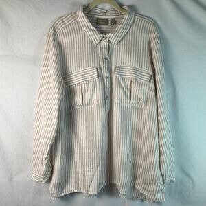 Naturals D&Co Popover Top Womens Size 1X Beige Striped Linen Cotton Minimalist